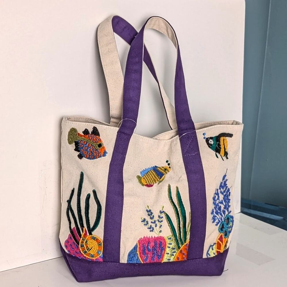 Beaded Tropical Tote Bag Coastal Tropical Fish Ocean Shells Canvas Embroidered